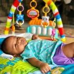 嬰兒遊戲床推薦 baby in pink and white tank top lying on green and blue mat